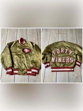 Vintage 80s Chalk Line San Francisco Forty Niners Gold Satin Jacket Size 6/8